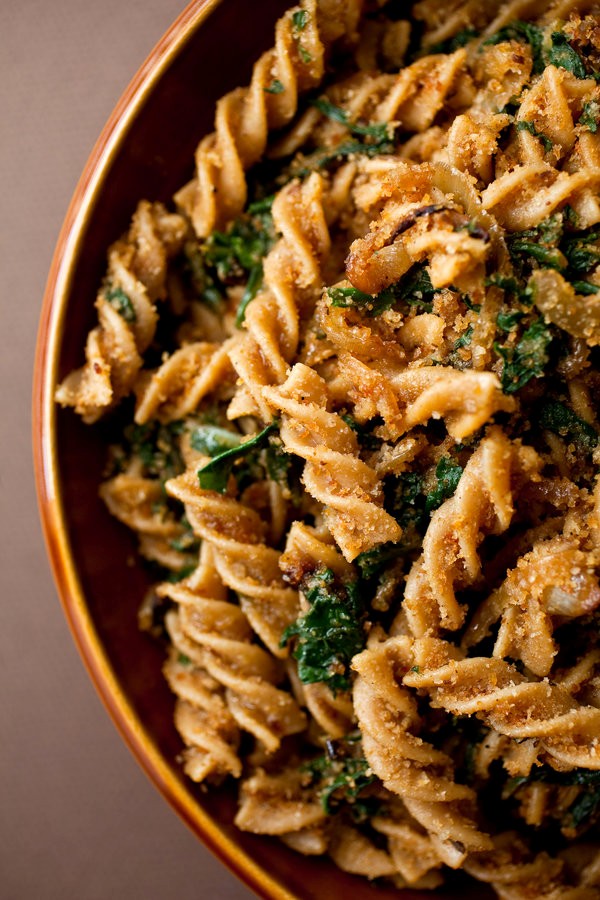 Pasta with caramelized onion, Swiss chard and garlicky bread crumbs