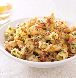 Pasta with cauliflower, bacon, and bread crumbs