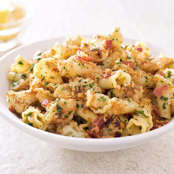 Pasta with cauliflower, bacon, and bread crumbs