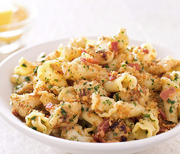 Pasta with cauliflower, bacon, and bread crumbs
