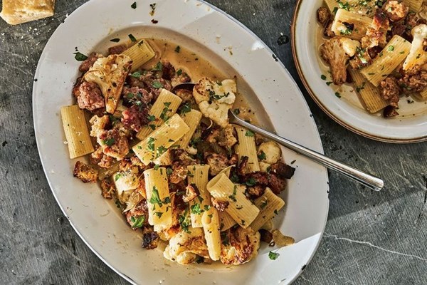 Pasta with cauliflower, sausage and big breadcrumbs
