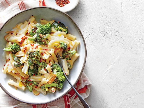 Pasta with charred broccoli, feta, and lemon