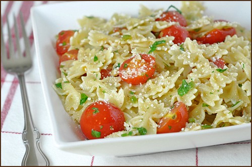 Pasta with cherry tomatoes, jalapeños, and Parmesan