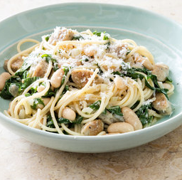 Pasta with chicken sausage, Swiss chard, and white beans