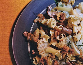 Pasta with confit duck and Savoy cabbage