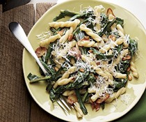 Pasta with dandelion greens, garlic, and pine nuts