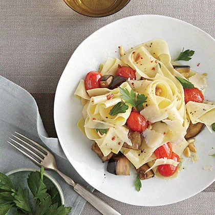 Pasta with eggplant, pine nuts, and Romano