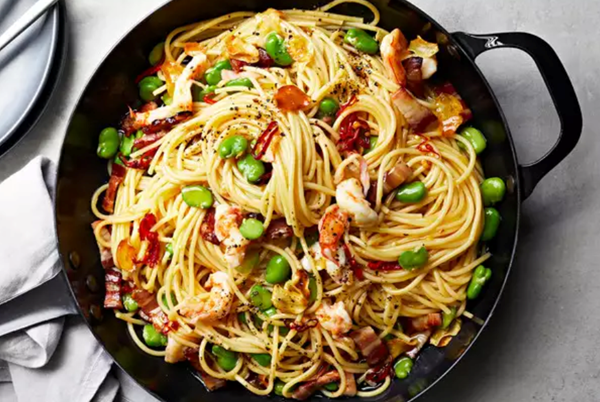 Pasta with favas, shrimp, and fresh chile