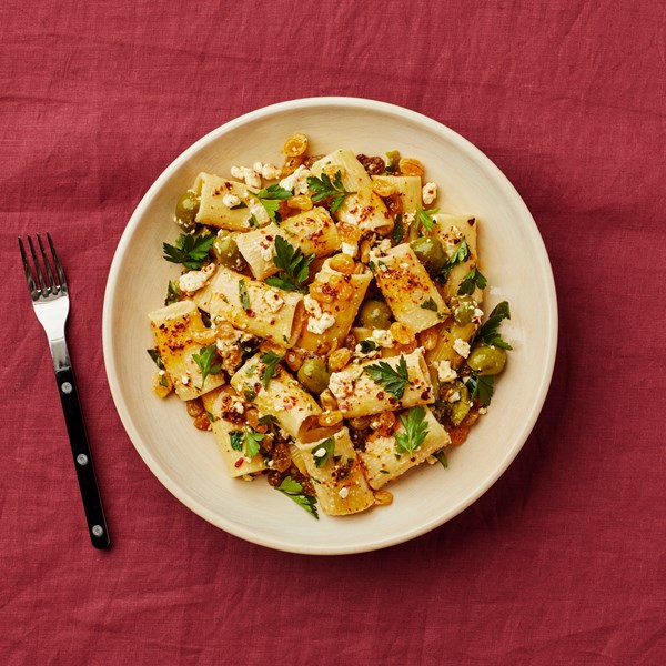 Pasta with feta, olives, and raisins 