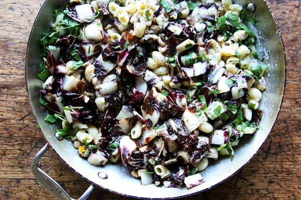 Pasta with Gorgonzola, radicchio, walnuts, and orange