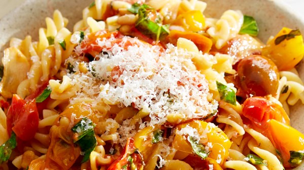 Pasta with grape tomatoes, basil, and oregano