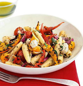 Pasta with grilled vegetables and feta