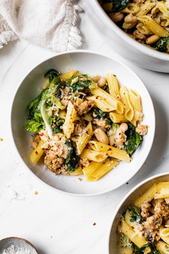 Pasta with Italian chicken sausage, escarole and beans
