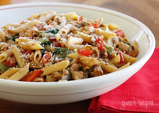 Pasta with Italian chicken sausage, peppers and escarole