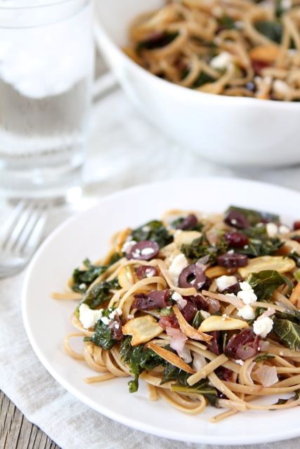 Pasta with kale, Kalamata olives, dried cranberries, toasted garlic & feta