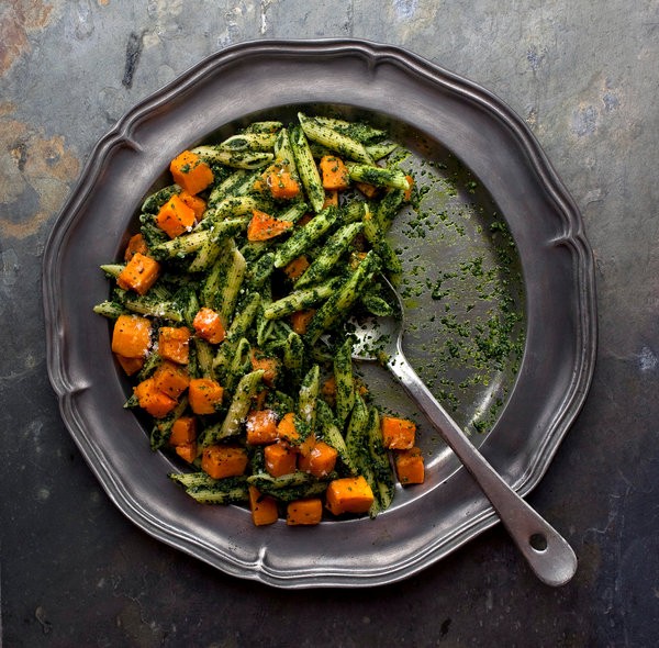 Pasta with kale pesto and roasted butternut squash