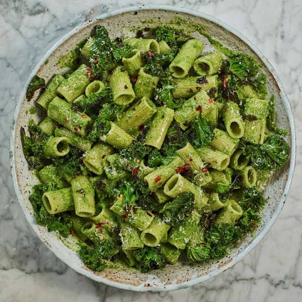 Pasta with kale pesto and crispy garlic greens