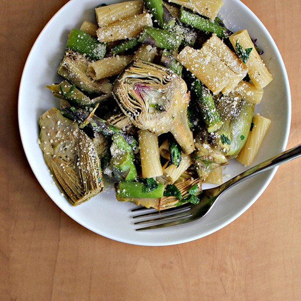 Pasta with lemon, baby artichokes, and asparagus