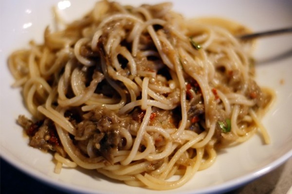 Pasta with let-my-eggplant-go-free! puree [Francis Lam]