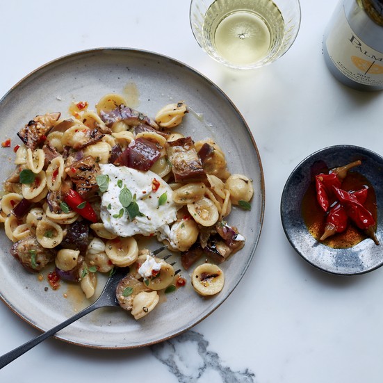 Pasta with marinated grilled eggplant, burrata and chiles
