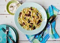 Pasta with morels, peas, and Parmesan