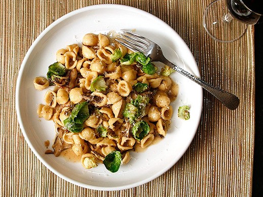Pasta with mushrooms, Brussels sprouts, and Parmesan