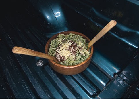 Pasta with mustard-greens pesto, shiitake mushrooms, and smoked mozzarella
