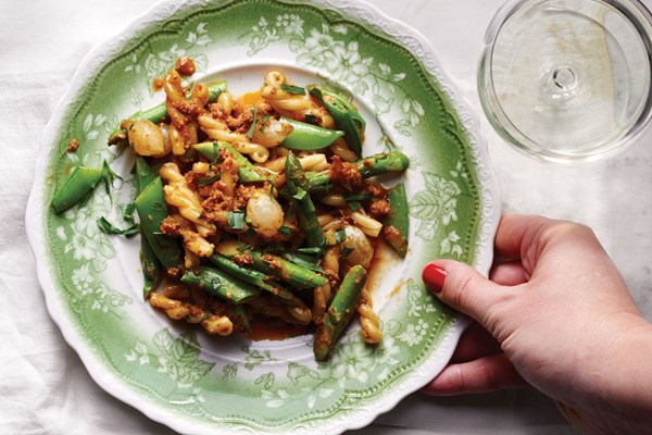 Pasta with 'nduja and spring vegetables