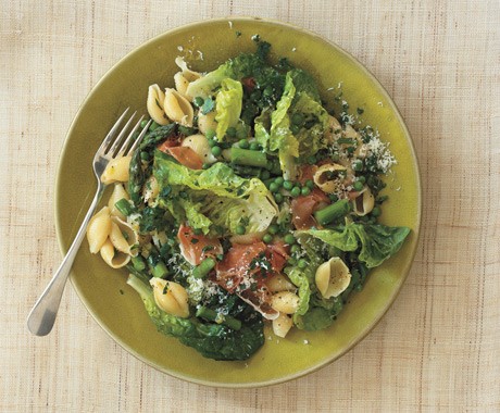 Pasta with peas, asparagus, butter lettuce, and prosciutto