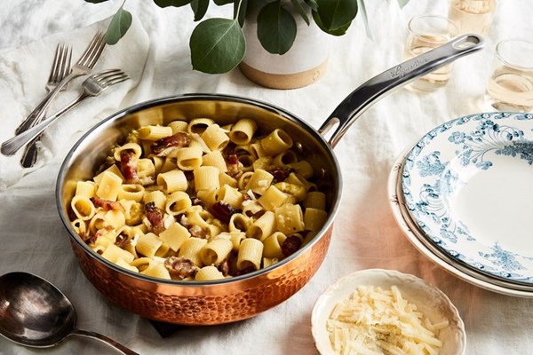 Pasta with Pecorino, Guanciale & Black Pepper (Mezze maniche alla Gricia con la crema di zucca)