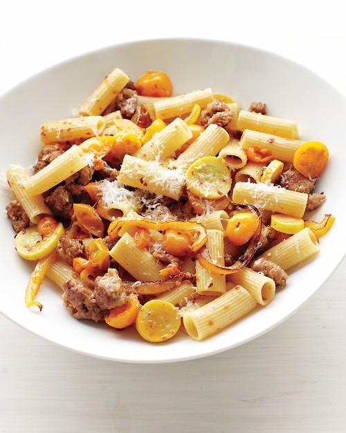 Pasta with peppers, squash, and tomatoes