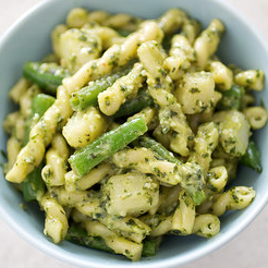 Pasta with pesto, potatoes, and green beans