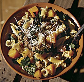 Pasta with pumpkin, sausage, and cavolo nero