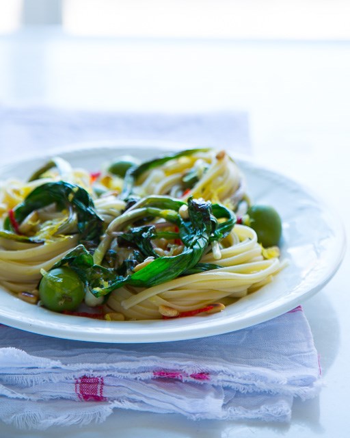 Pasta with ramps, olives, chili, & lemon