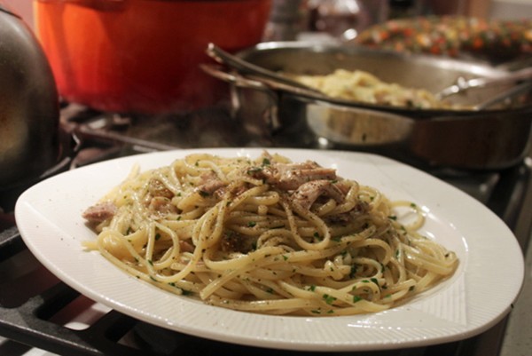 Pasta with roast chicken, currants, and pine nuts