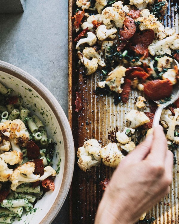 Pasta with roasted cauliflower, chorizo + winter pesto