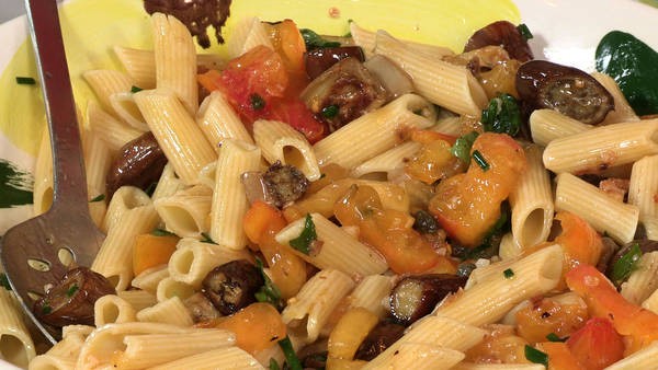 Pasta with roasted eggplant, chile and mint