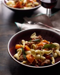 Pasta with roasted squash, sausage and pecans