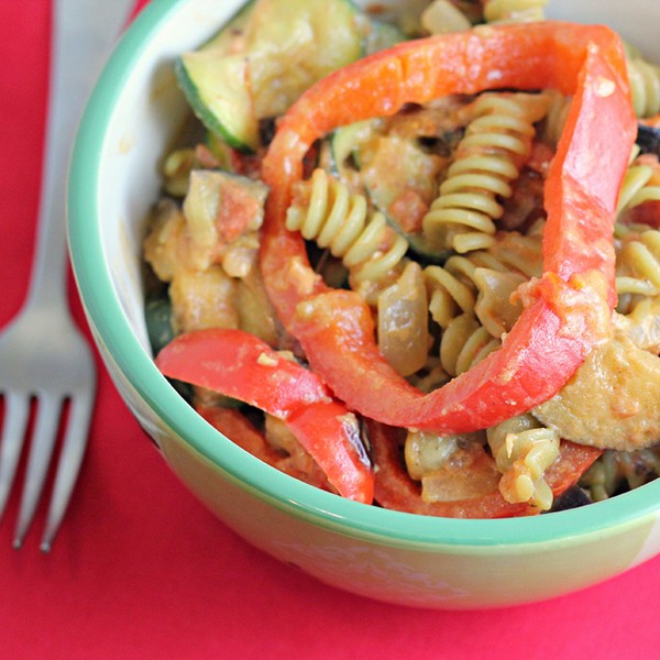 Pasta with roasted vegetables and chipotle-goat cheese tomato sauce