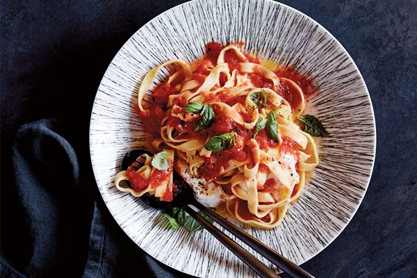 Pasta with salsa cruda and burrata