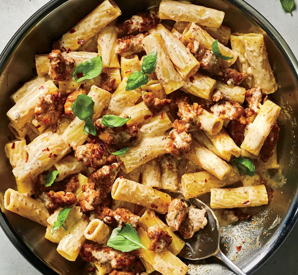 Pasta with sausage, basil, and mustard