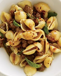 Pasta with sausage, basil and mustard