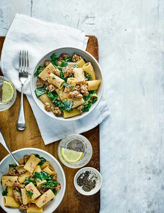 Pasta with sausage, kale and mustard