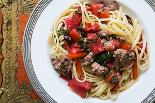 Pasta with sausage, tomatoes and roasted peppers