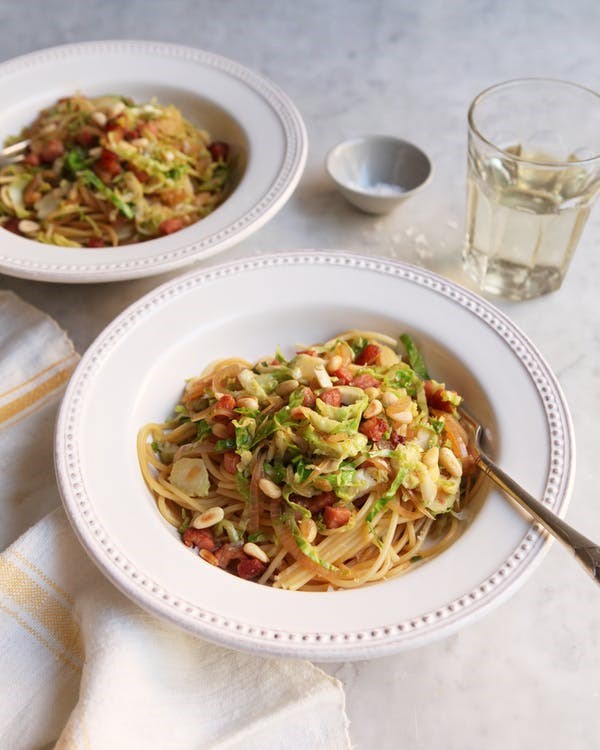 Pasta with shaved Brussels sprouts and pancetta