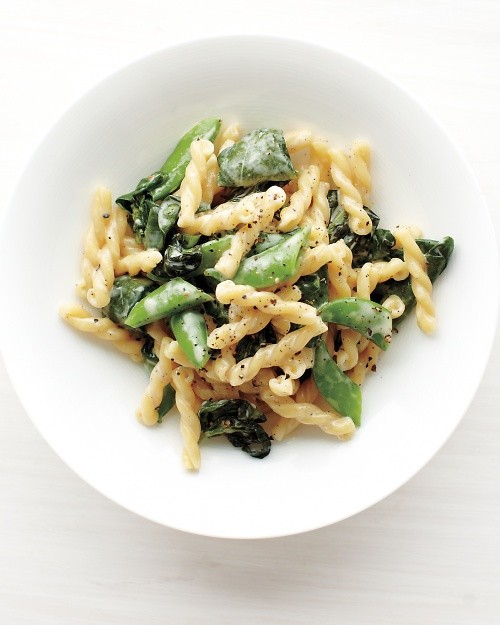 Pasta with snap peas, basil, and spinach