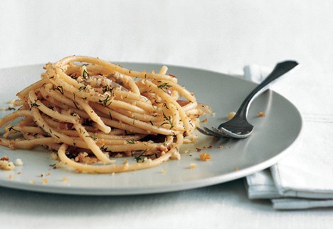 Pasta with spicy anchovy sauce and dill bread crumbs