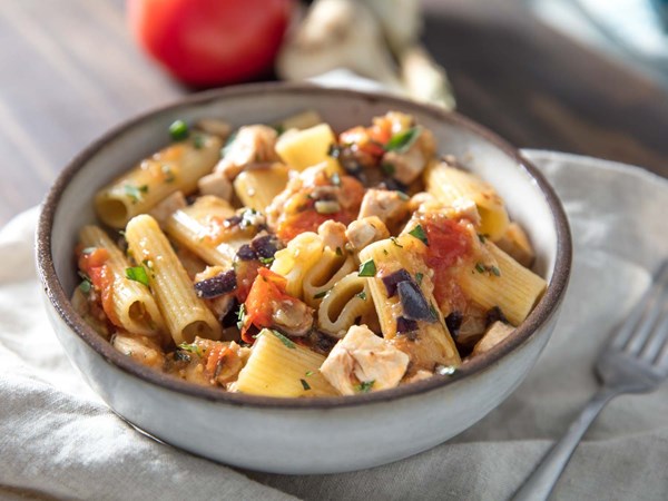 Pasta with swordfish, tomato, and eggplant (Rigatoni con pesce spada)