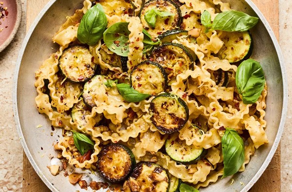 Pasta with toasted almonds, anchovies & courgettes
