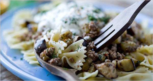 Pasta with Turkish-style lamb, eggplant and yogurt sauce